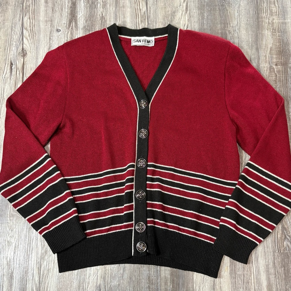 San Remo by Laura Knits Vintage Cardigan Red Black Striped Button Front Sweater